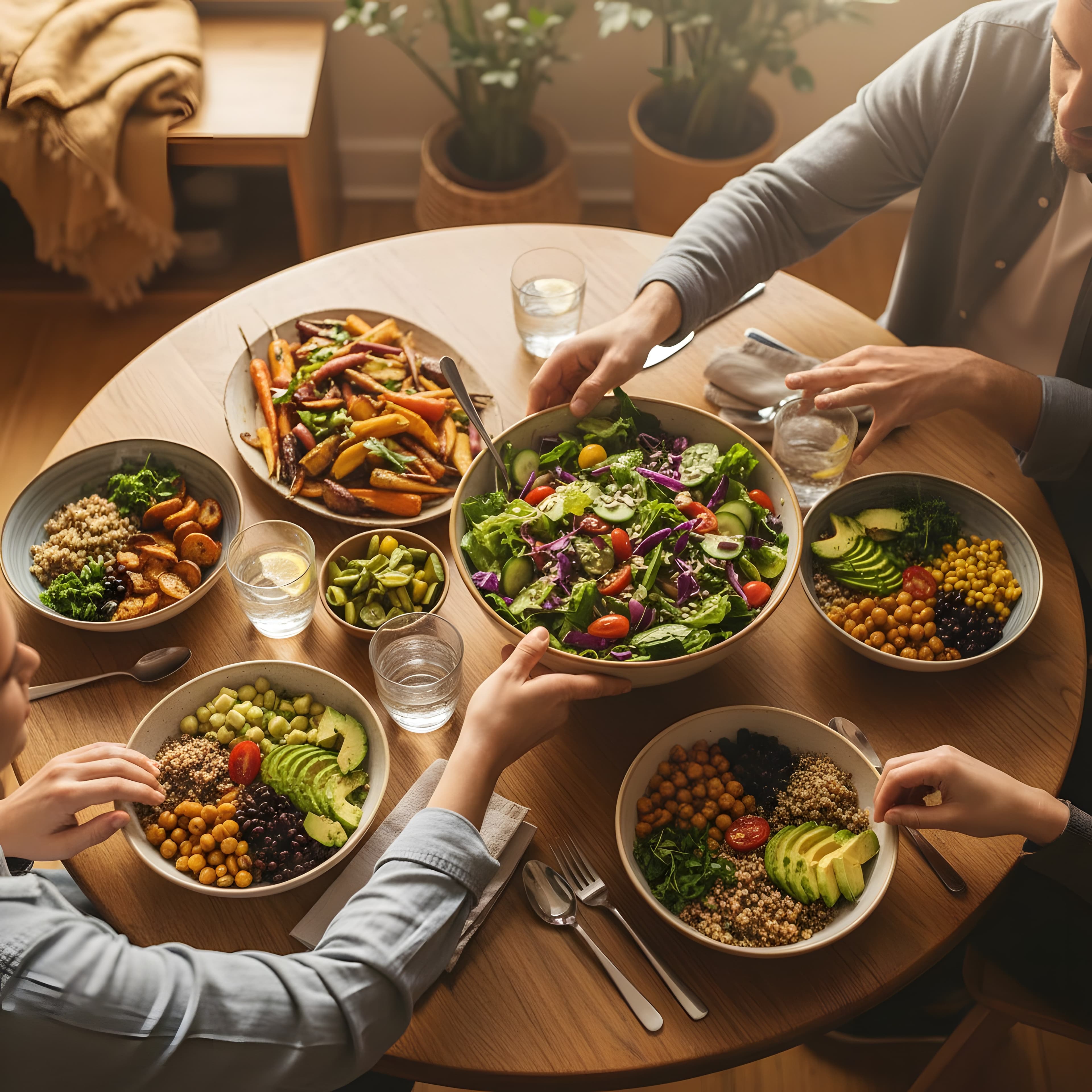 Mesa de jantar vista de cima com pratos veganos coloridos sendo compartilhados entre amigos