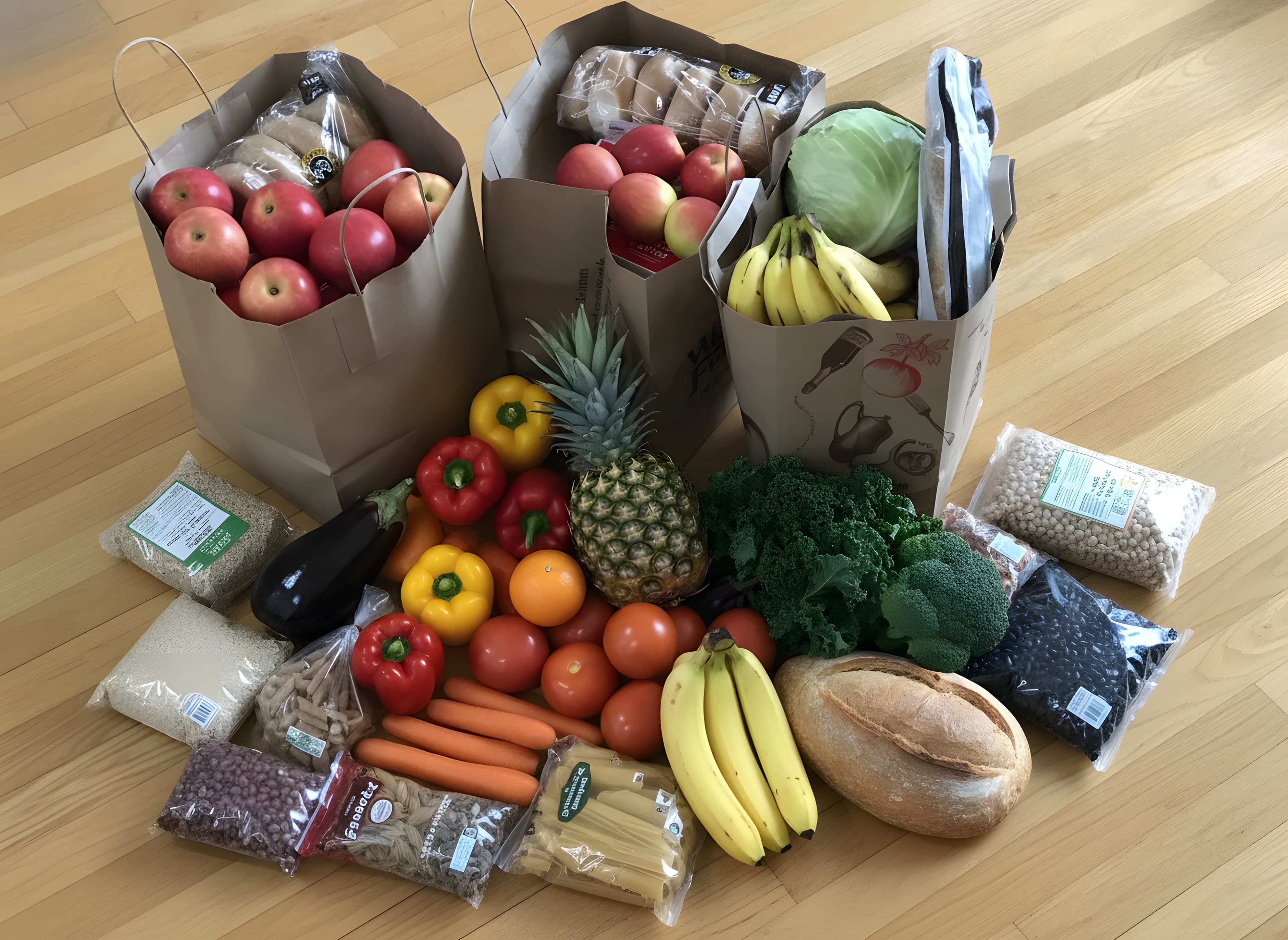 Compra de supermercado farta e colorida: sacolas de papel com frutas, legumes, pães e pacotes de grãos