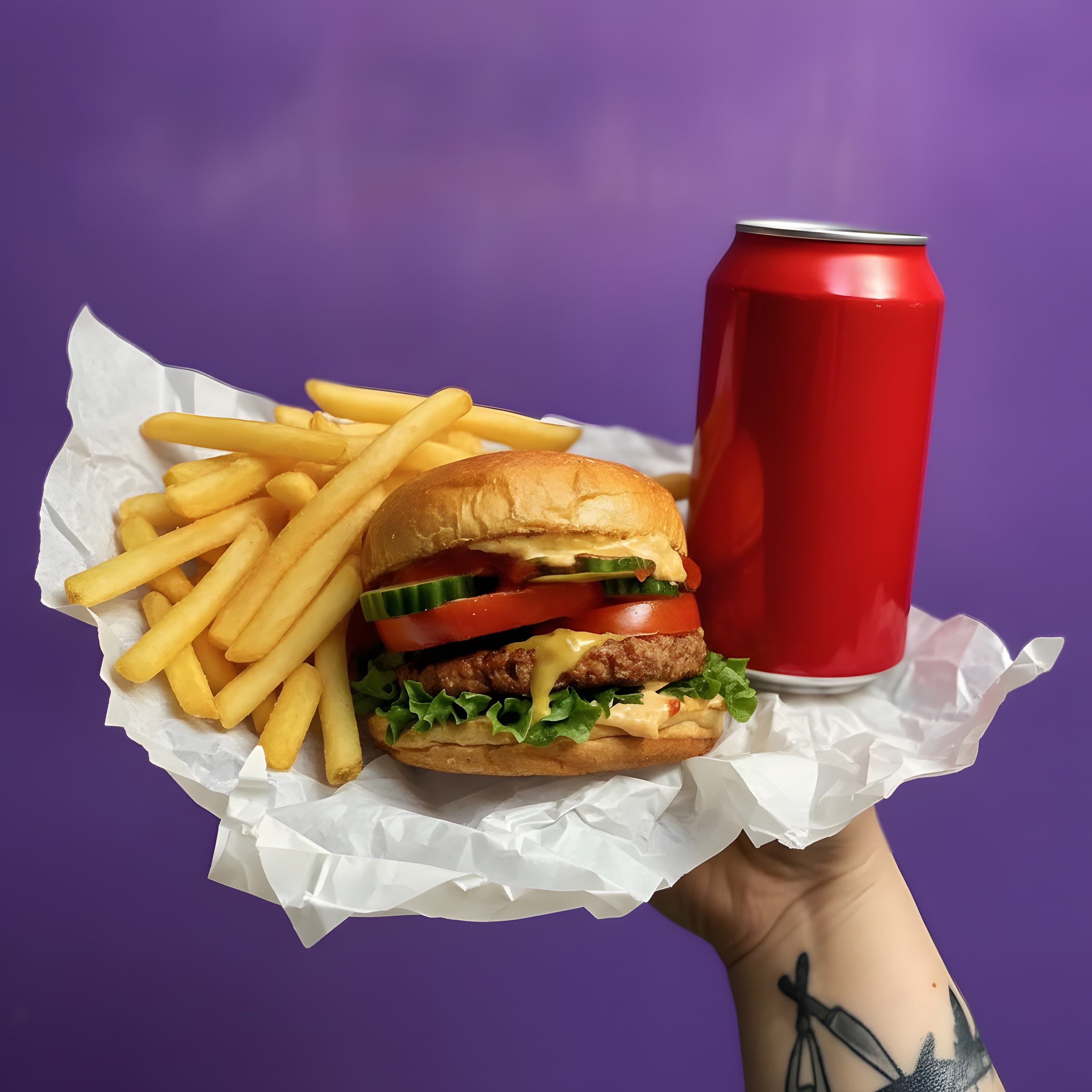 Combo de fast-food vegano: hambúrguer vegetal, batata frita e lata de refrigerante no papel de embrulho