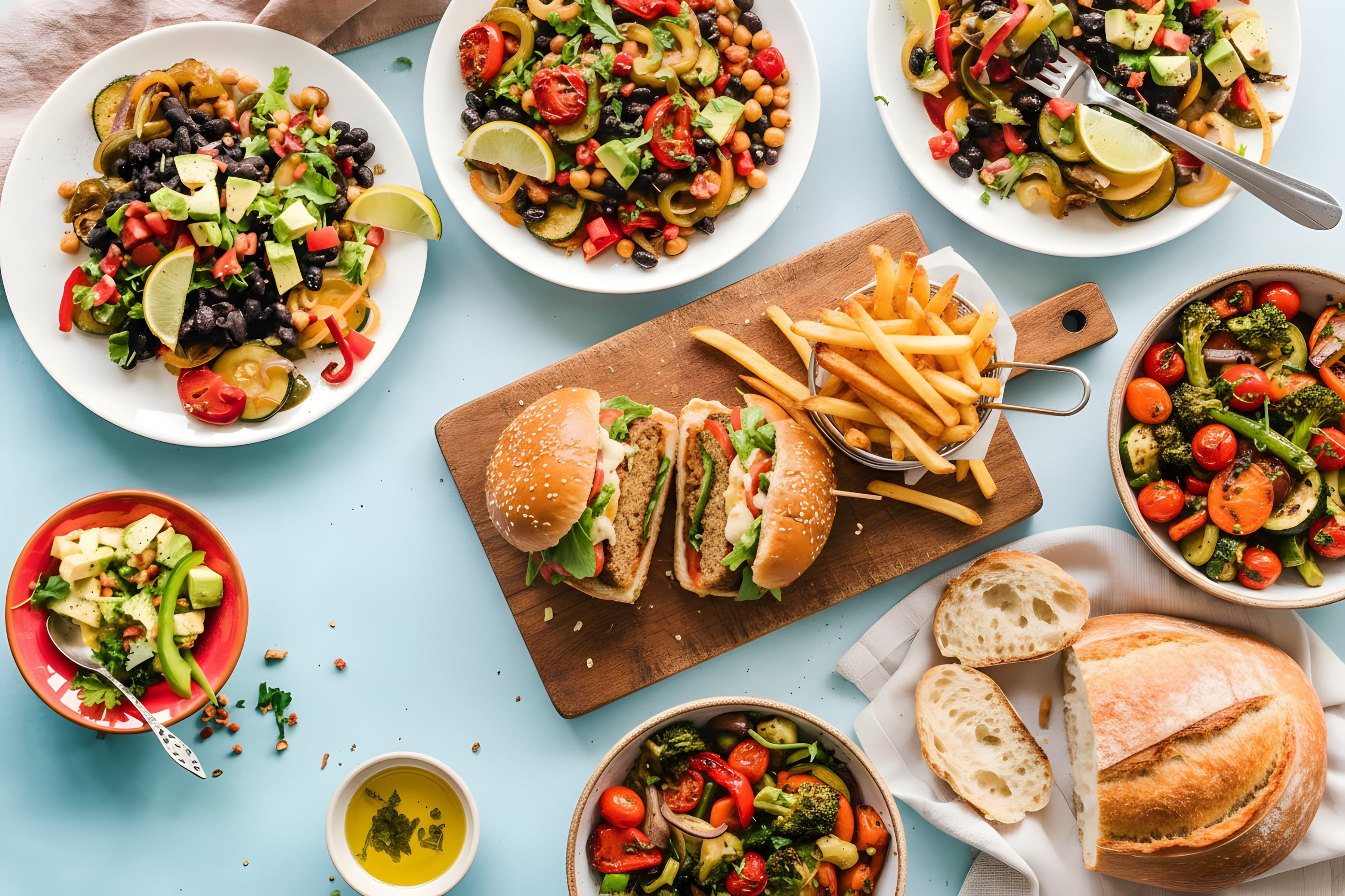 Mesa farta de pratos veganos vista de cima: bowls coloridos, hambúrguer vegetal, batata frita, legumes assados e pão